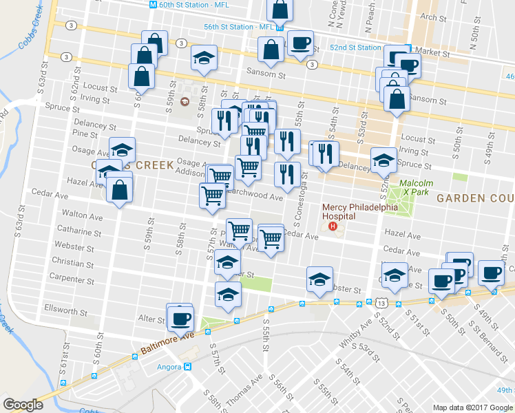 map of restaurants, bars, coffee shops, grocery stores, and more near 5557 Hazel Avenue in Philadelphia