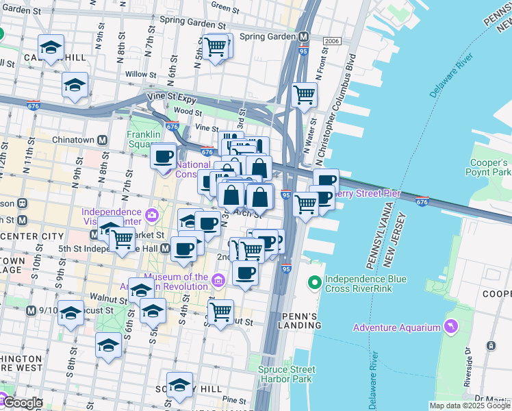 map of restaurants, bars, coffee shops, grocery stores, and more near 4 North 2nd Street in Philadelphia