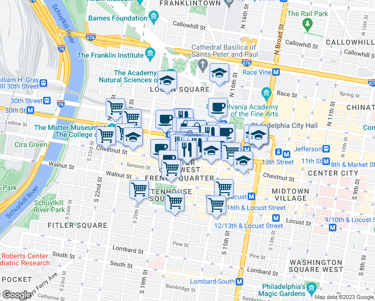map of restaurants, bars, coffee shops, grocery stores, and more near 31 South 18th Street in Philadelphia