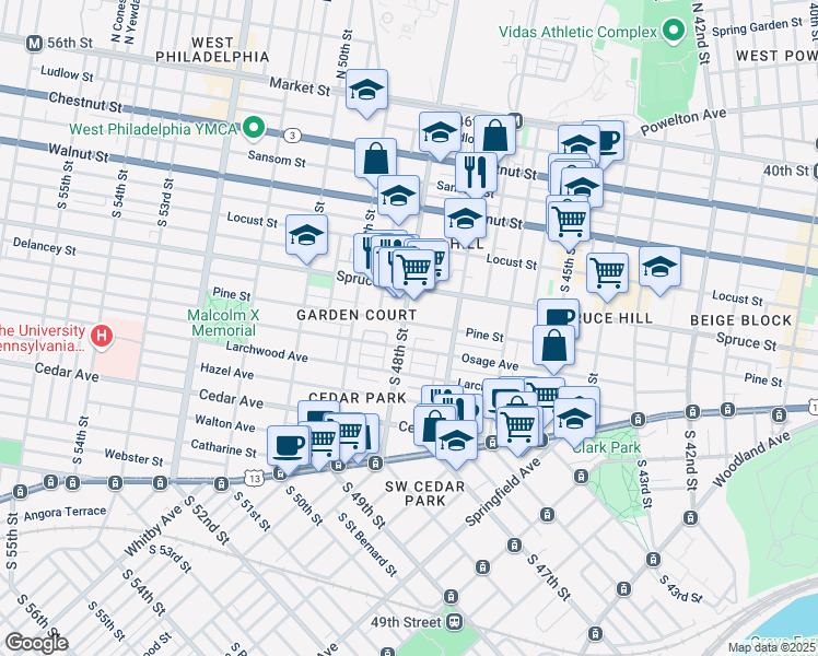 map of restaurants, bars, coffee shops, grocery stores, and more near 4748 Pine Street in Philadelphia