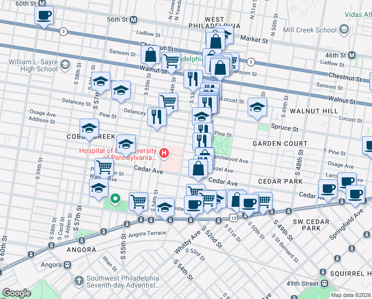 map of restaurants, bars, coffee shops, grocery stores, and more near 5254 Addison Street in Philadelphia