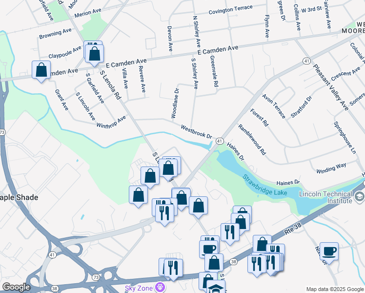 map of restaurants, bars, coffee shops, grocery stores, and more near 512 Regenhard Ave in Moorestown
