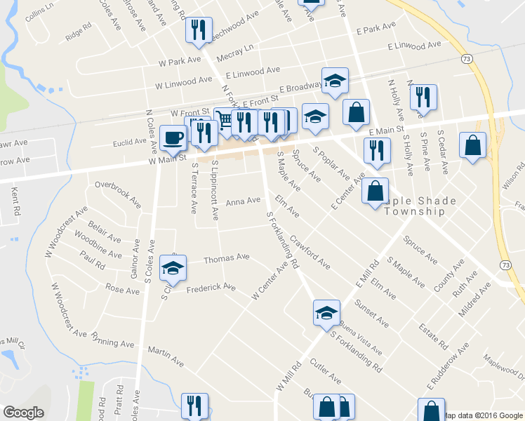 map of restaurants, bars, coffee shops, grocery stores, and more near 114 S Forklanding Rd in Maple Shade