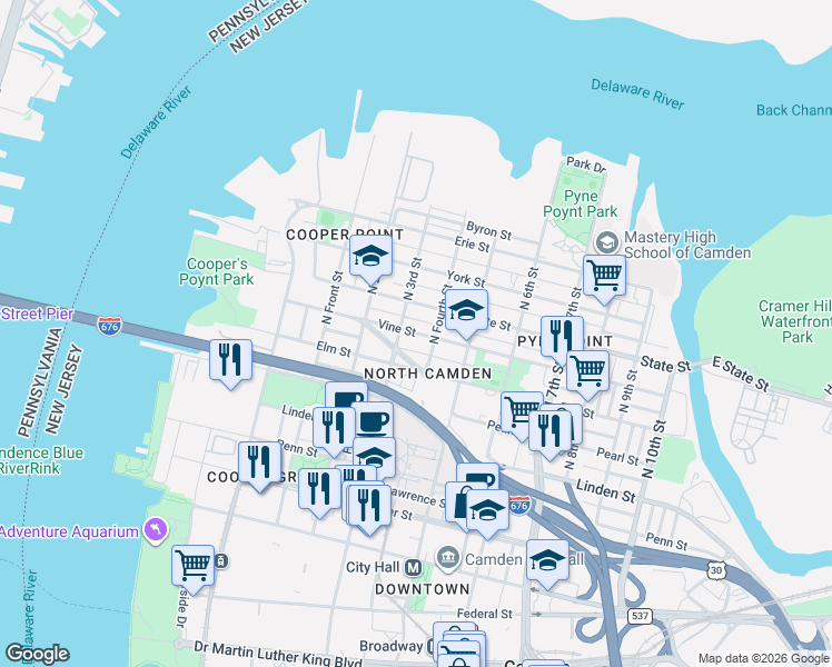 map of restaurants, bars, coffee shops, grocery stores, and more near 303 Vine Street in Camden