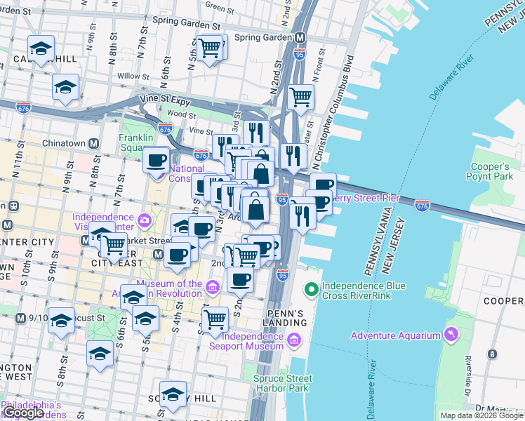 map of restaurants, bars, coffee shops, grocery stores, and more near 69 North 2nd Street in Philadelphia