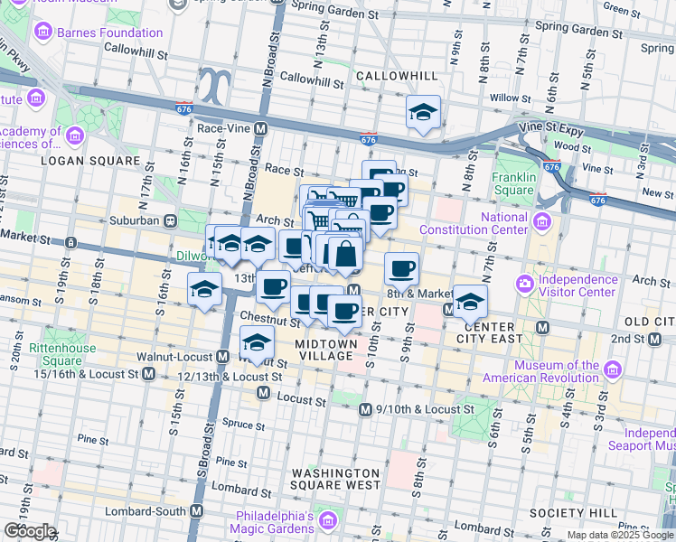 map of restaurants, bars, coffee shops, grocery stores, and more near 51 North 12th Street in Philadelphia