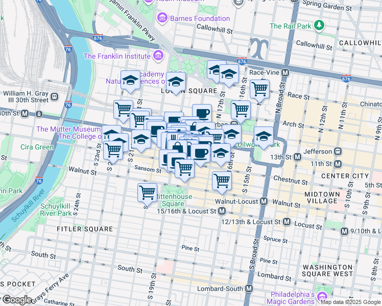 map of restaurants, bars, coffee shops, grocery stores, and more near 1822 Ludlow Street in Philadelphia
