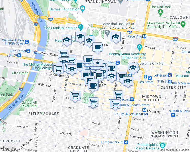 map of restaurants, bars, coffee shops, grocery stores, and more near 1822 Ludlow Street in Philadelphia