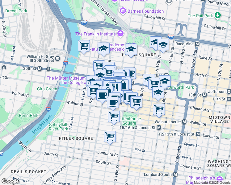 map of restaurants, bars, coffee shops, grocery stores, and more near 2011 Chestnut Street in Philadelphia