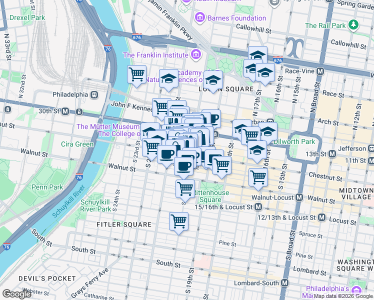 map of restaurants, bars, coffee shops, grocery stores, and more near 2011 Chestnut Street in Philadelphia