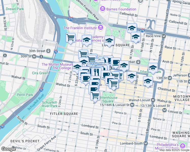 map of restaurants, bars, coffee shops, grocery stores, and more near 2011 Chestnut Street in Philadelphia