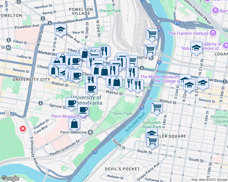 map of restaurants, bars, coffee shops, grocery stores, and more near 3131 Walnut Street in Philadelphia