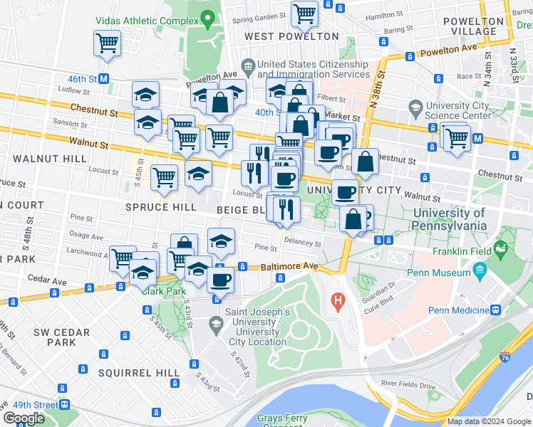 map of restaurants, bars, coffee shops, grocery stores, and more near 4000 Irving Street in Philadelphia