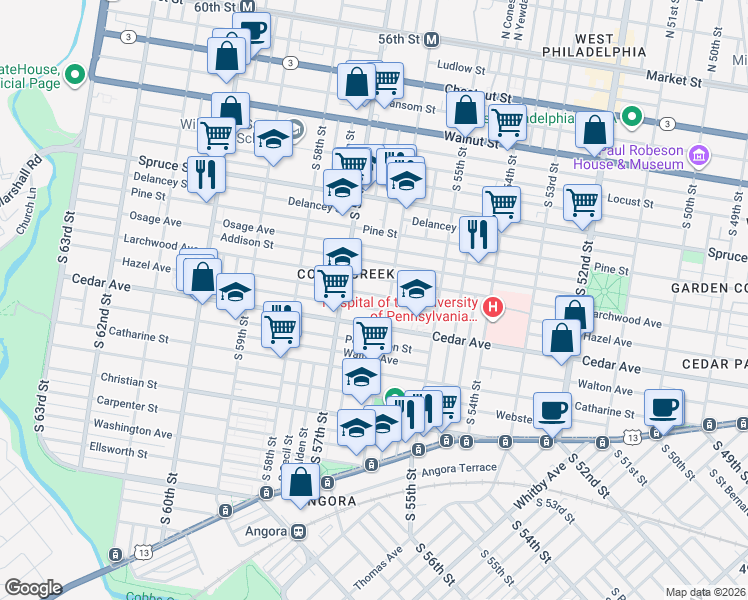 map of restaurants, bars, coffee shops, grocery stores, and more near 5624 Hazel Avenue in Philadelphia