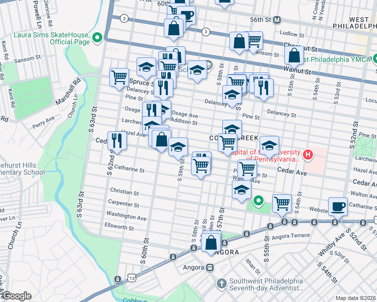 map of restaurants, bars, coffee shops, grocery stores, and more near 5842 Rodman Street in Philadelphia