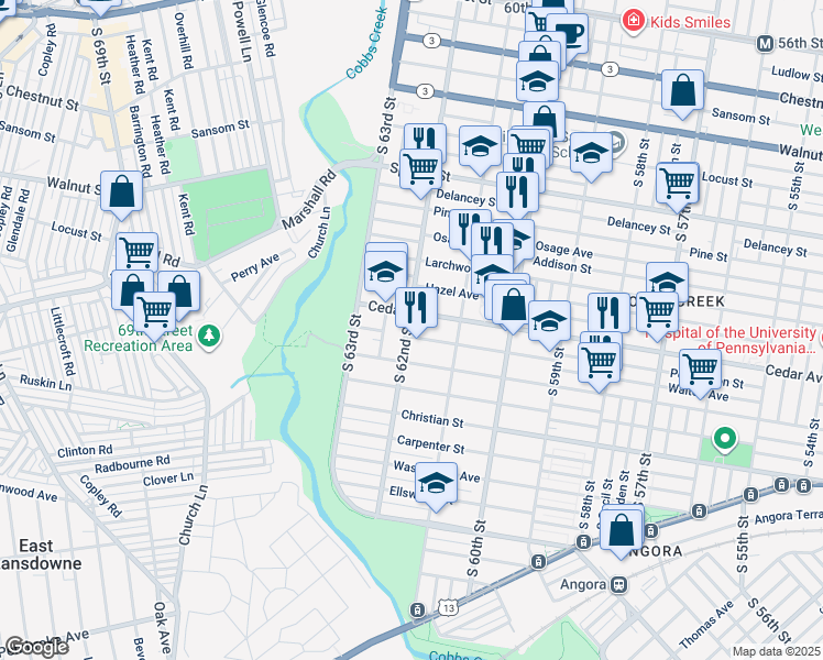 map of restaurants, bars, coffee shops, grocery stores, and more near 6151 Walton Avenue in Philadelphia