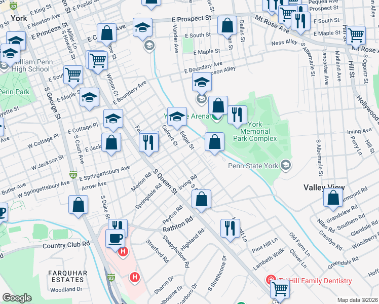 map of restaurants, bars, coffee shops, grocery stores, and more near 340 Rockdale Avenue in York