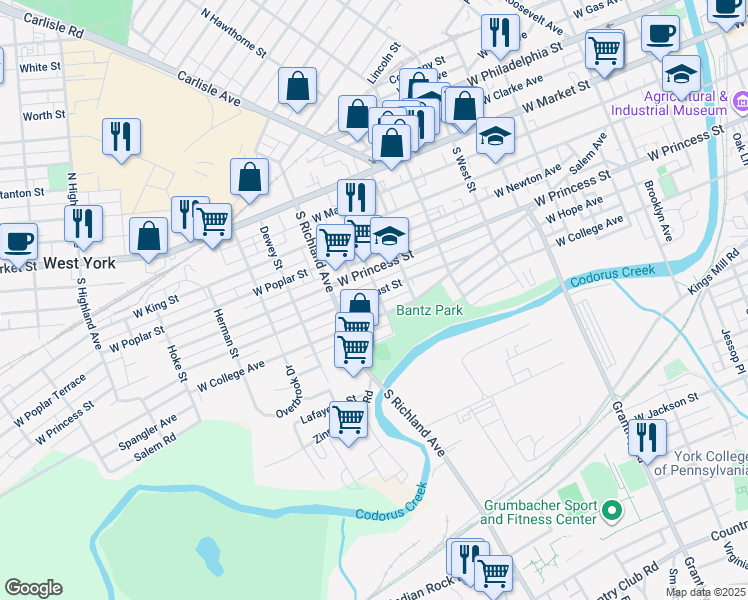map of restaurants, bars, coffee shops, grocery stores, and more near 836 West Locust Street in York