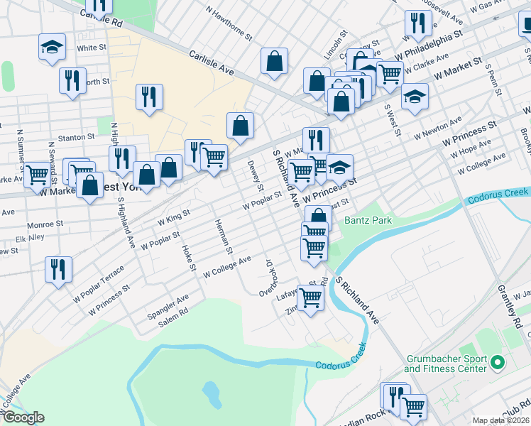 map of restaurants, bars, coffee shops, grocery stores, and more near 1107 West Princess Street in West York