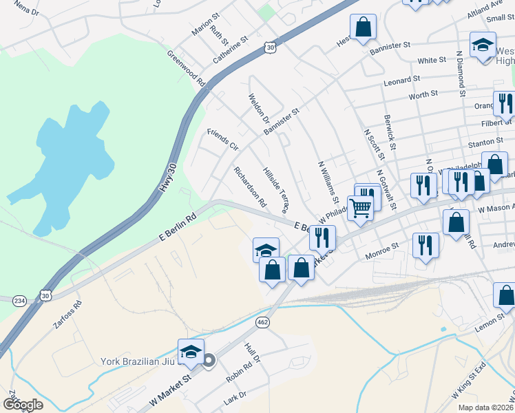 map of restaurants, bars, coffee shops, grocery stores, and more near 320 Richardson Road in York County