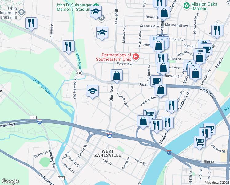 map of restaurants, bars, coffee shops, grocery stores, and more near 1114 Blue Avenue in Zanesville