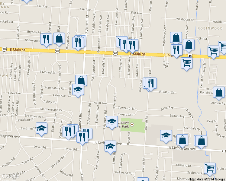 map of restaurants, bars, coffee shops, grocery stores, and more near 3251 East Fulton Street in Columbus