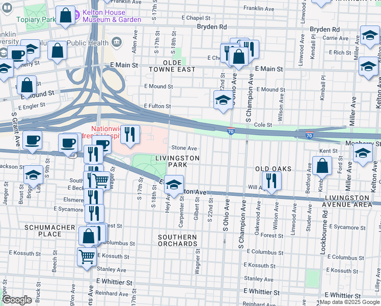 map of restaurants, bars, coffee shops, grocery stores, and more near 605 Gilbert Street in Columbus