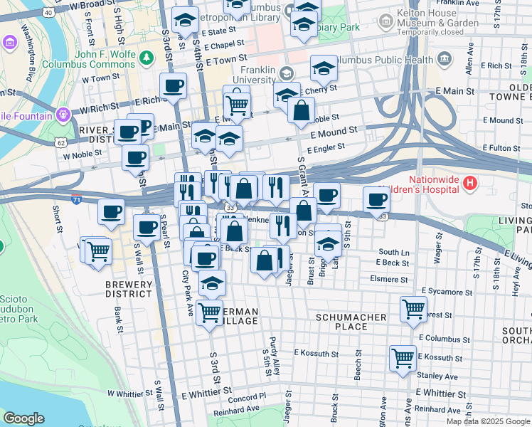map of restaurants, bars, coffee shops, grocery stores, and more near 243 East Livingston Avenue in Columbus