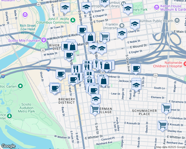 map of restaurants, bars, coffee shops, grocery stores, and more near 133 East Livingston Avenue in Columbus