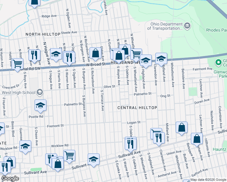 map of restaurants, bars, coffee shops, grocery stores, and more near 135 South Eureka Avenue in Columbus