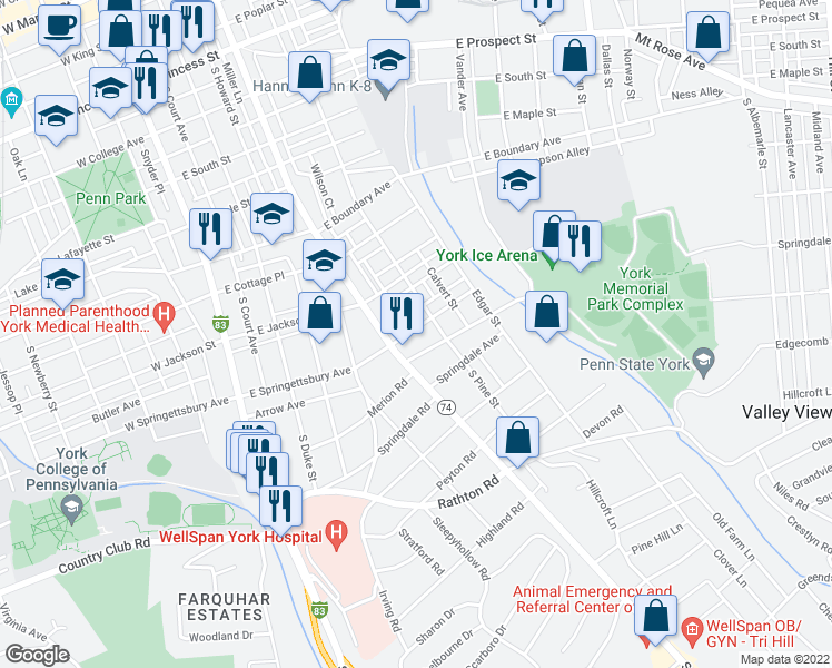 map of restaurants, bars, coffee shops, grocery stores, and more near 230 East Springettsbury Avenue in York