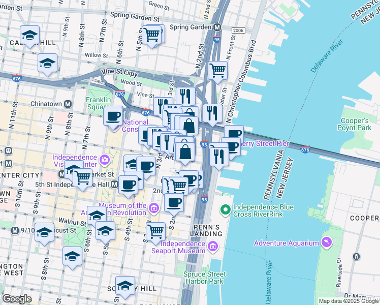 map of restaurants, bars, coffee shops, grocery stores, and more near 69 North 2nd Street in Philadelphia