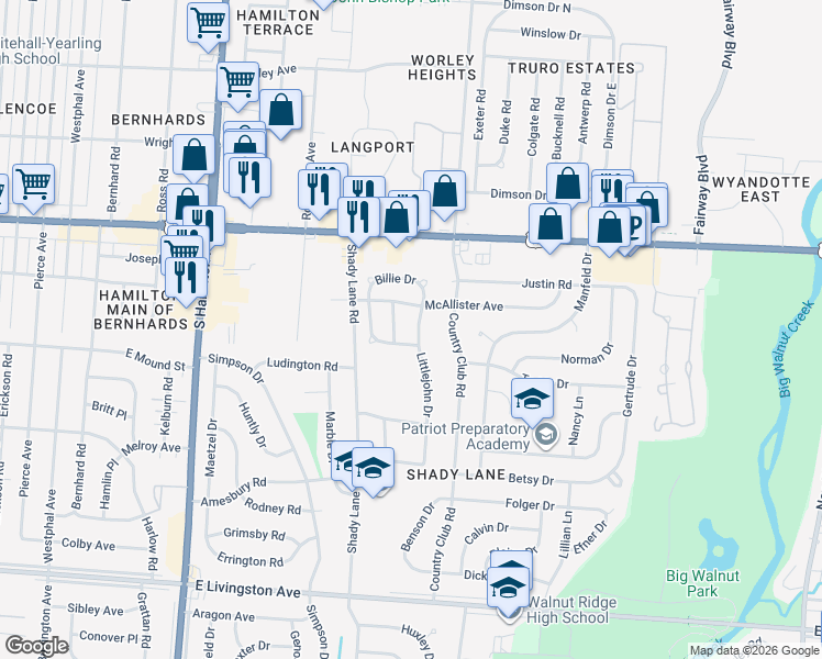 map of restaurants, bars, coffee shops, grocery stores, and more near 1149 Billie Drive in Columbus