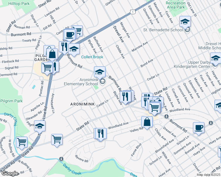 map of restaurants, bars, coffee shops, grocery stores, and more near 924 Blythe Avenue in Upper Darby