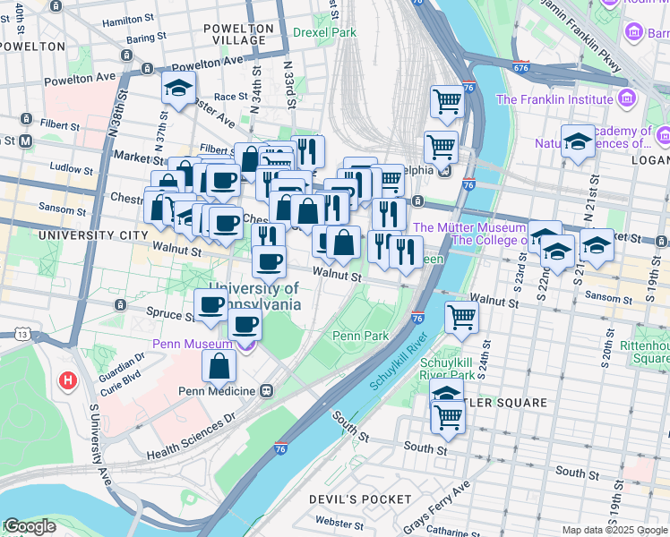 map of restaurants, bars, coffee shops, grocery stores, and more near 3401-39 Walnut Street in Philadelphia