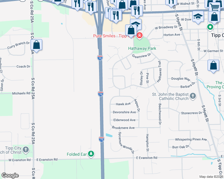 map of restaurants, bars, coffee shops, grocery stores, and more near 706 Nelson Court in Tipp City