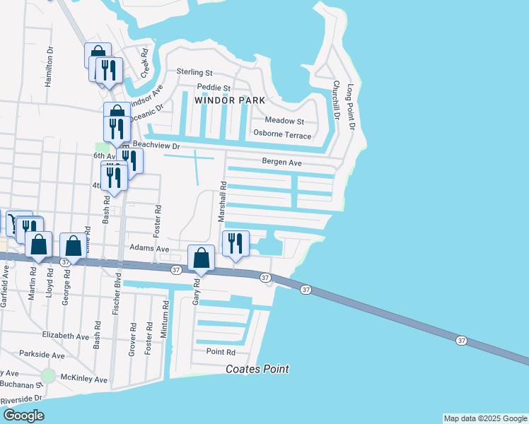 map of restaurants, bars, coffee shops, grocery stores, and more near 3434 Maritime Drive in Toms River
