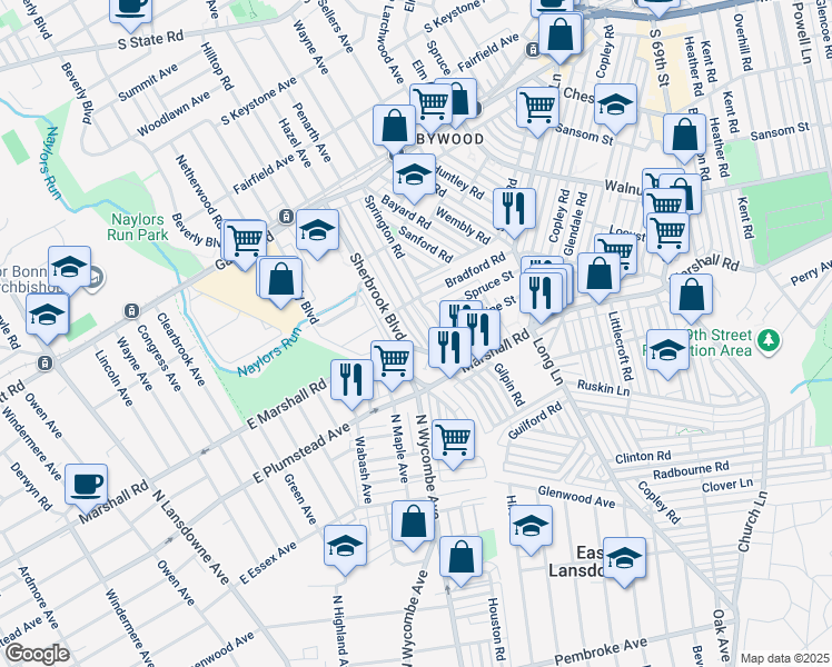 map of restaurants, bars, coffee shops, grocery stores, and more near 146 Margate Road in Upper Darby