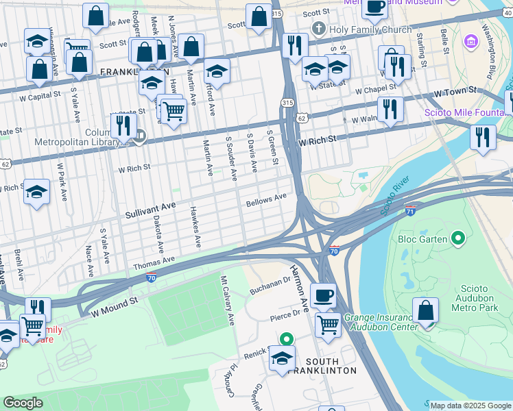 map of restaurants, bars, coffee shops, grocery stores, and more near 791 Bellows Avenue in Columbus