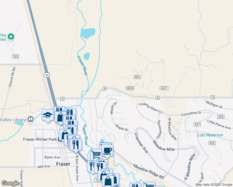 map of restaurants, bars, coffee shops, grocery stores, and more near 100 Fox Run Lane in Fraser