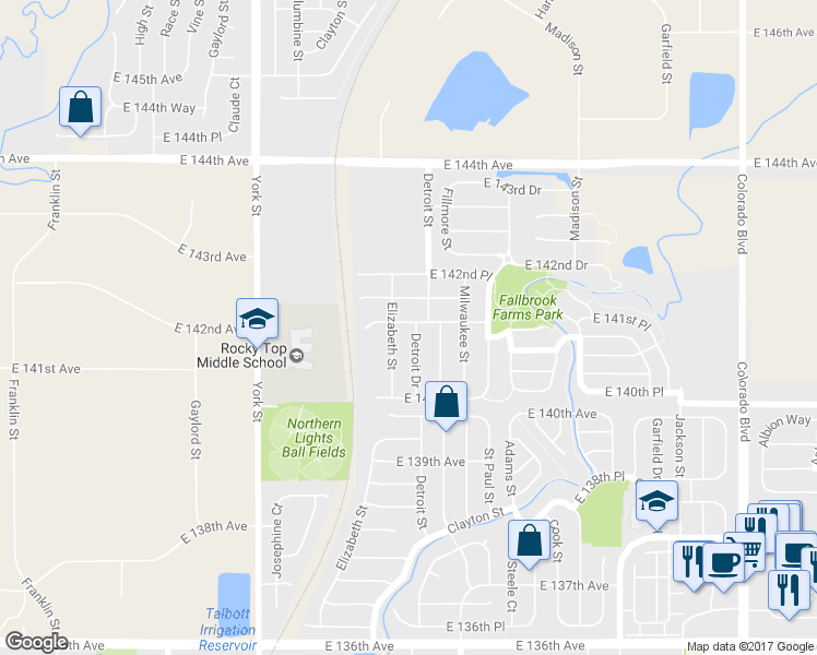 map of restaurants, bars, coffee shops, grocery stores, and more near 14089 Detroit Drive in Thornton