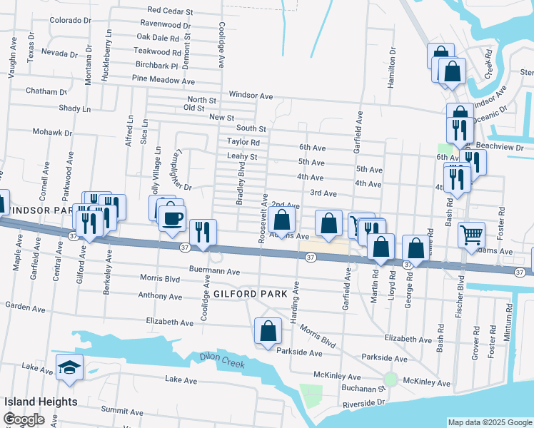 map of restaurants, bars, coffee shops, grocery stores, and more near 2200 1st Avenue in Toms River