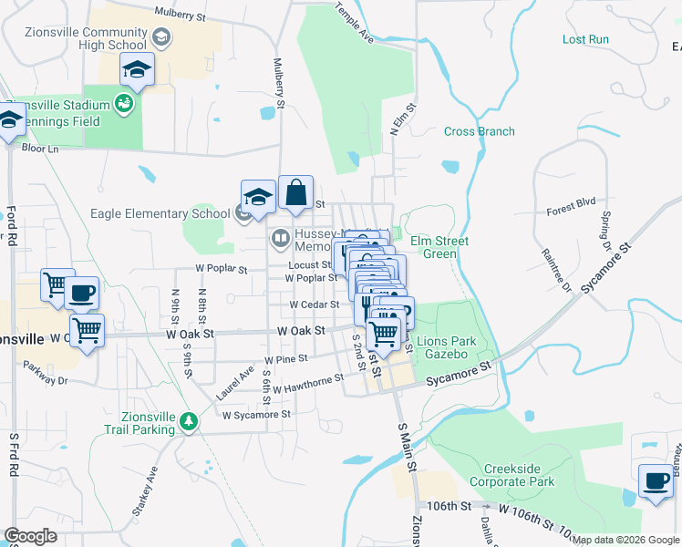 map of restaurants, bars, coffee shops, grocery stores, and more near 280 West Poplar Street in Zionsville
