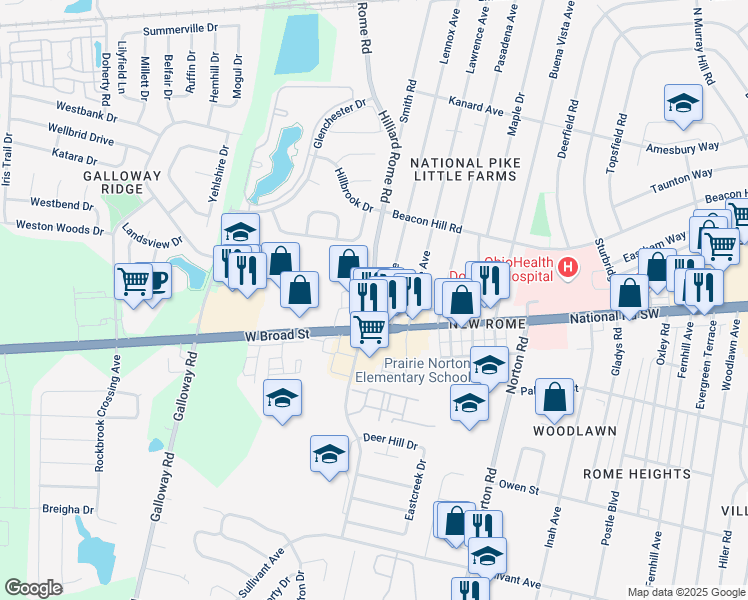 map of restaurants, bars, coffee shops, grocery stores, and more near 47 Hilliard Rome Road in Columbus