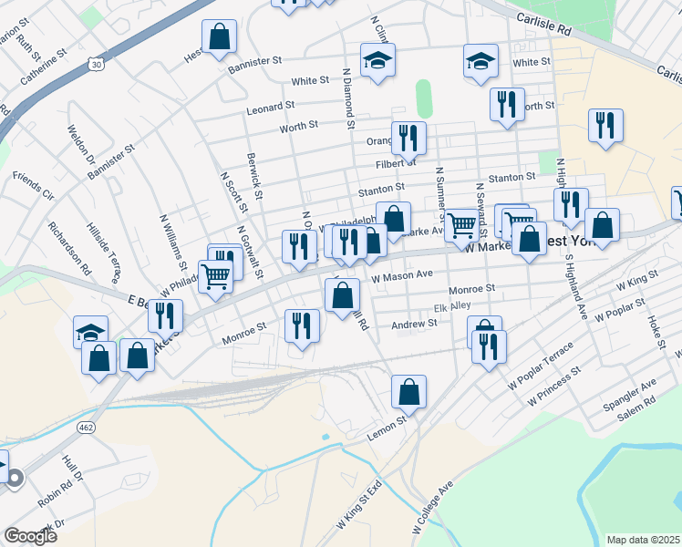 map of restaurants, bars, coffee shops, grocery stores, and more near 1948 West Market Street in York