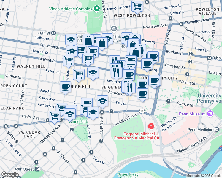 map of restaurants, bars, coffee shops, grocery stores, and more near 4101 Spruce Street in Philadelphia