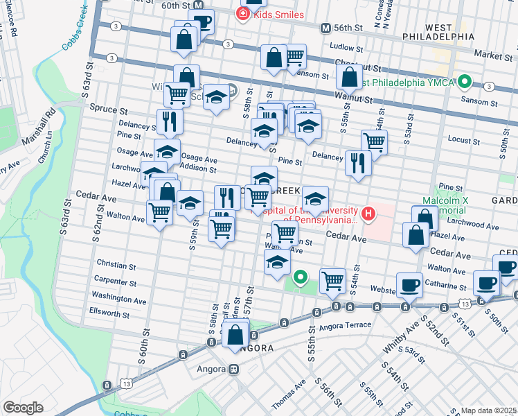 map of restaurants, bars, coffee shops, grocery stores, and more near 528 South 57th Street in Philadelphia