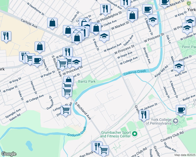 map of restaurants, bars, coffee shops, grocery stores, and more near 670 West College Avenue in York