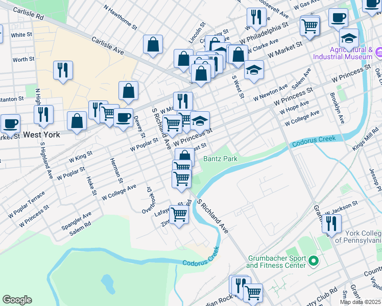 map of restaurants, bars, coffee shops, grocery stores, and more near 906 West Locust Street in York