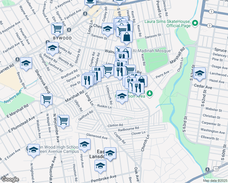map of restaurants, bars, coffee shops, grocery stores, and more near 443 Millbank Road in Delaware County